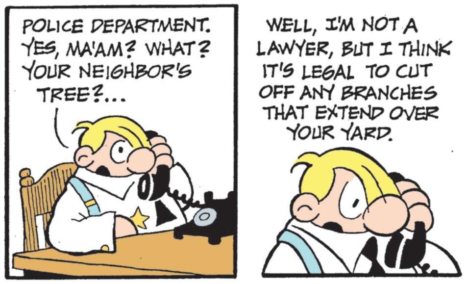 Fictional character OCR: POLICE DEPARTMENT. YESMA'AM? WHAT? YOUR NEIGHBOR'S TREE? WELLI'M NOT A LAWYERBUT I THINK IT'S LEGAL TO CUT OFF ANY BRANCHES THAT EXTEND OVER YOUR YARD. POLICE DEPARTMENT . YESMA'AM ? WHAT ? YOUR NEIGHBOR'S TREE ? WELLI'M NOT A LAWYERBUT I THINK IT'S LEGAL TO CUT OFF ANY BRANCHES THAT EXTEND OVER YOUR YARD .