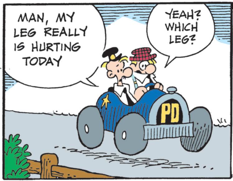 Animated cartoon OCR: MANMY LEG REALLY IS HURTING TODAY YEAH? WHICH LEG? PD MANMY LEG REALLY IS HURTING TODAY YEAH ? WHICH LEG ? PD