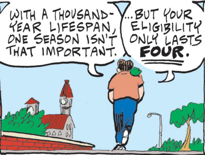 Animation OCR: WITH A THOUSAND- YEAR LIFESPANONE SEASON ISN'T THAT IMPORTANT. BUT YOUR ELIGIBILITY ONLY LASTS FOUR. ? CADA DU WITH A THOUSAND- YEAR LIFESPANONE SEASON ISN'T THAT IMPORTANT . BUT YOUR ELIGIBILITY ONLY LASTS FOUR . ? CADA DU