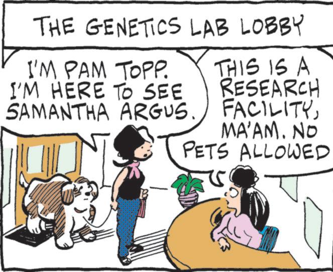 Publication OCR: THE GENETICS LAB LOBBY I'M PAM TOPP. I'M HERE TO SEE SAMANTHA ARGUS. THIS IS A RESEARCH FACILITYMA'AM. NO PETS ALLOWED THE GENETICS LAB LOBBY I'M PAM TOPP . I'M HERE TO SEE SAMANTHA ARGUS . THIS IS A RESEARCH FACILITYMA'AM . NO PETS ALLOWED