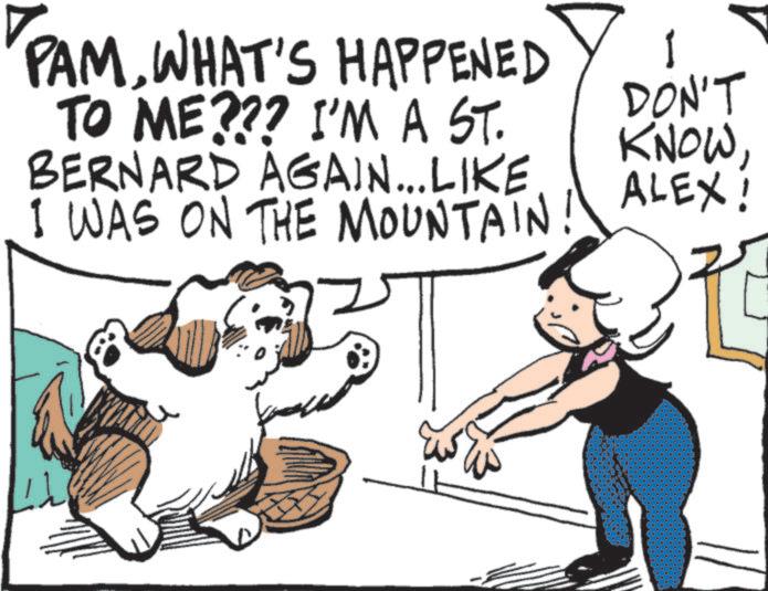 Animated cartoon OCR: PAMWHAT'S HAPPENED TO ME??? I'M A ST. BERNARD AGAIN...LIKE I WAS ON THE MOUNTAIN! DON'T KNOWALEX! PAMWHAT'S HAPPENED TO ME ??? I'M A ST . BERNARD AGAIN ... LIKE I WAS ON THE MOUNTAIN ! DON'T KNOWALEX !