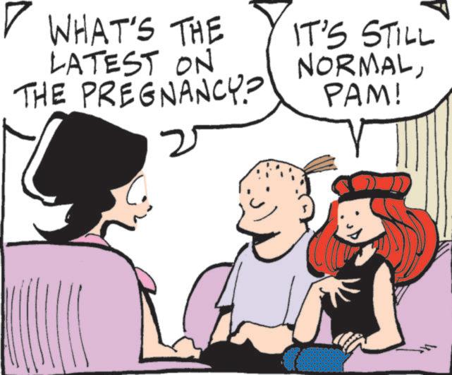 Animated cartoon OCR: WHAT'S THE LATEST ON THE PREGNANCY= IT'S STILL NORMALPAM! WHAT'S THE LATEST ON THE PREGNANCY = IT'S STILL NORMALPAM !