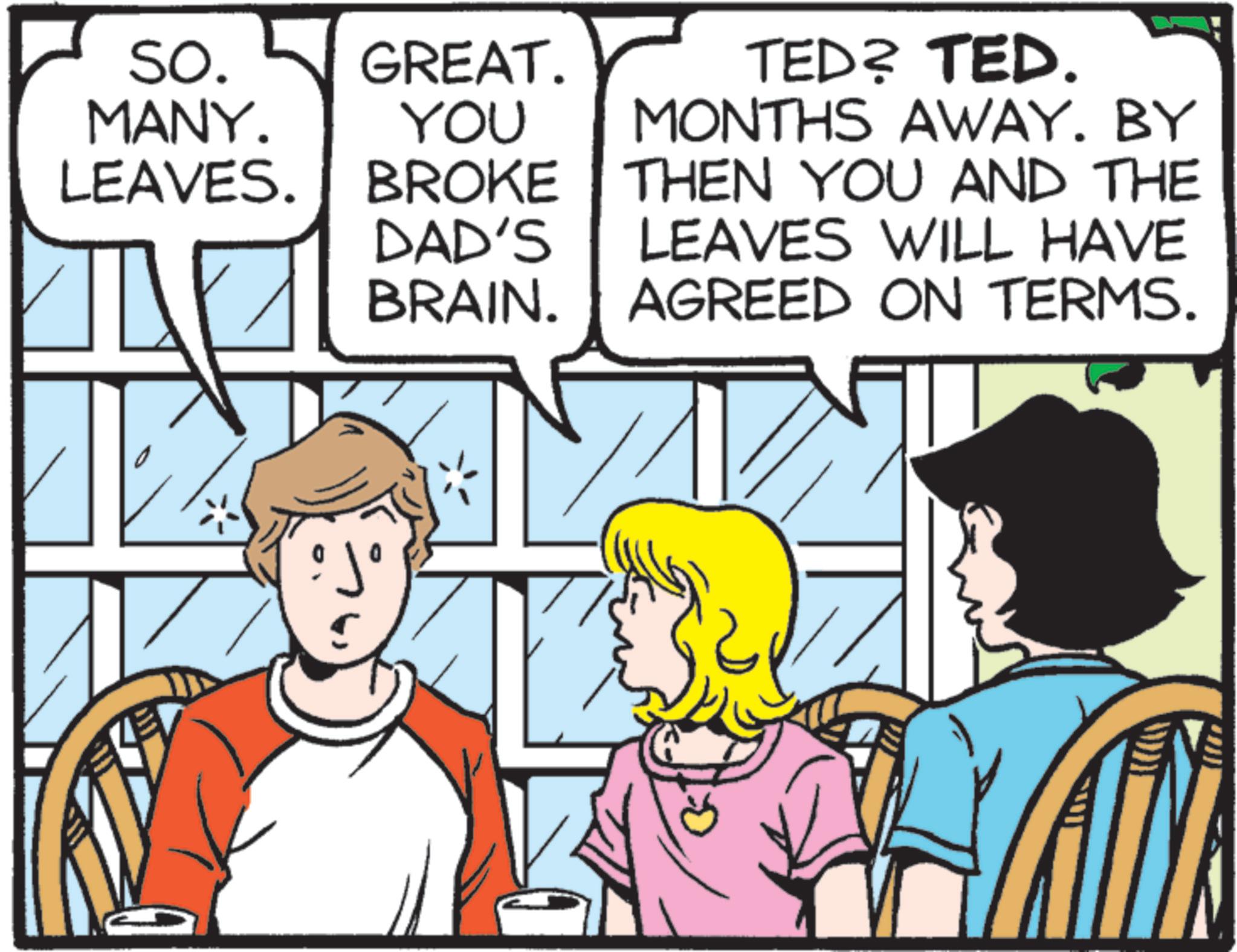 Fictional character OCR: So. MANY. GREAT. YOU LEAVES. BROKE TED? TED. MONTHS AWAY. BY THEN YOU AND THE DAD'S LEAVES WILL HAVE BRAIN. AGREED ON TERMS. So. MANY . GREAT . YOU LEAVES . BROKE TED ? TED . MONTHS AWAY . BY THEN YOU AND THE DAD'S LEAVES WILL HAVE BRAIN . AGREED ON TERMS .