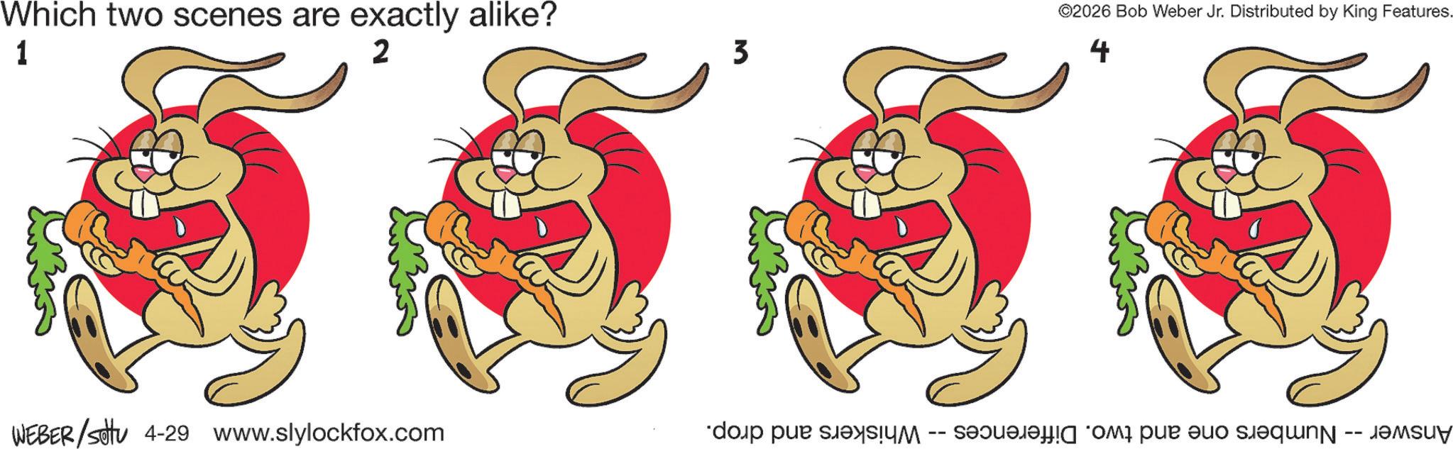 Rabbit OCR: Which two scenes are exactly alike? 1 2 WEBER/settu 4-29 www.slylockfox.com 3 ©2026 Bob Weber Jr. Distributed by King Features. 4 Answer -- Numbers one and two. Differences -- Whiskers and drop. Which two scenes are exactly alike ? 1 2 WEBER / settu 4-29 www.slylockfox.com 3 © 2026 Bob Weber Jr. Distributed by King Features . 4 Answer -- Numbers one and two . Differences -- Whiskers and drop .