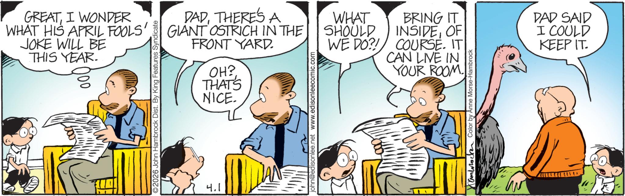 Publication OCR: GREATI WONDER WHAT HIS APRIL FOOLS' JOKE WILL BE THIS YEAR. DADTHERE'S A GIANT OSTRICH IN THE FRONT YARD. OH? THAT'S NICE. 2026 John Hambrock Dist. By King Features Syndicate 4.1 john@edisonlee.net www.edisonleecomic.com WHAT SHOULD BRING IT INSIDEOF WE DO?! COURSE. IT CAN LIVE IN YOUR ROOM Hambrock Color by Anne Morse-Hambrock DAD SAID I COULD KEEP IT. GREATI WONDER WHAT HIS APRIL FOOLS ' JOKE WILL BE THIS YEAR . DADTHERE'S A GIANT OSTRICH IN THE FRONT YARD . OH ? THAT'S NICE . 2026 John Hambrock Dist . By King Features Syndicate 4.1 john@edisonlee.net www.edisonleecomic.com WHAT SHOULD BRING IT INSIDEOF WE DO ?! COURSE . IT CAN LIVE IN YOUR ROOM Hambrock Color by Anne Morse - Hambrock DAD SAID I COULD KEEP IT .