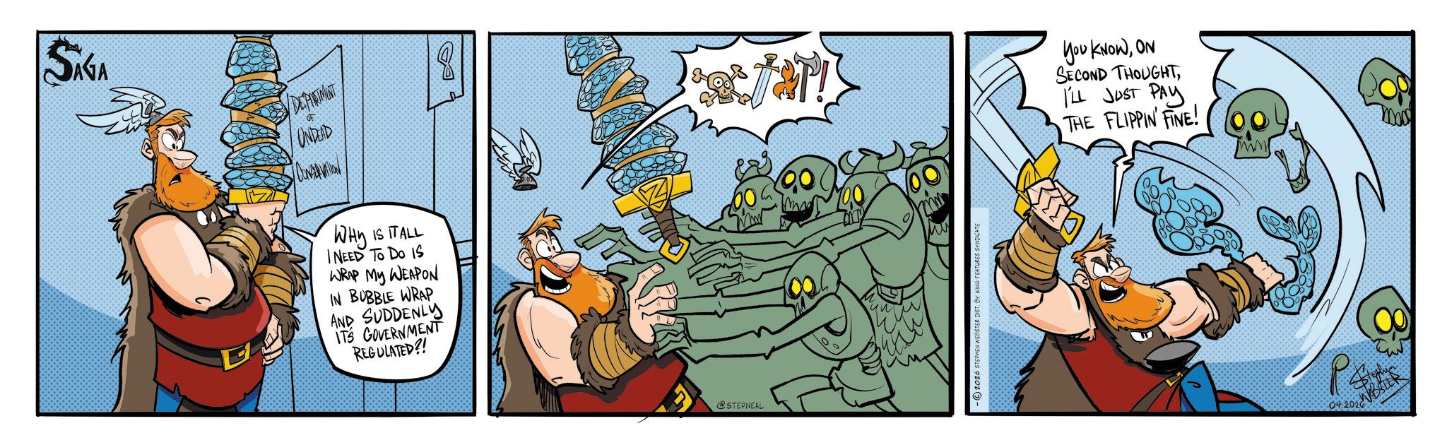 Fictional character OCR: D SAGA DEPARTMENT OF UNDLAD CONERVATION WHY IS IT ALL I NEED TO DO IS WRAP MY WEAPON IN BUBBLE WRAP AND SUDDENLY IT'S GOVERNMENT REGULATED?! @STEPNEAL -2026 STEPHEN WEBST YOU KNOWON SECOND THOUGHTI'LL JUST PAY THE FLIPPIN' FINE! 042026 D SAGA DEPARTMENT OF UNDLAD CONERVATION WHY IS IT ALL I NEED TO DO IS WRAP MY WEAPON IN BUBBLE WRAP AND SUDDENLY IT'S GOVERNMENT REGULATED ?! @STEPNEAL -2026 STEPHEN WEBST YOU KNOWON SECOND THOUGHTI'LL JUST PAY THE FLIPPIN ' FINE ! 042026