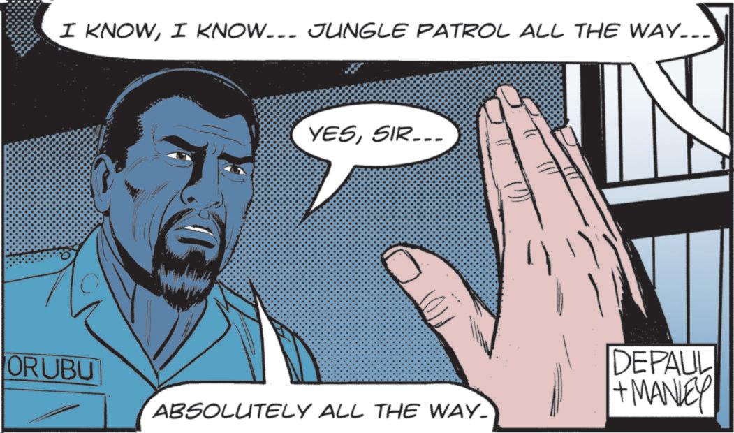 Graphics OCR: I KNOWI KNOW... JUNGLE PATROL ALL THE WAY... YESSIR... ORUBU DEPAUL +MANLEY ABSOLUTELY ALL THE WAY_ I KNOWI KNOW ... JUNGLE PATROL ALL THE WAY ... YESSIR ... ORUBU DEPAUL + MANLEY ABSOLUTELY ALL THE WAY_