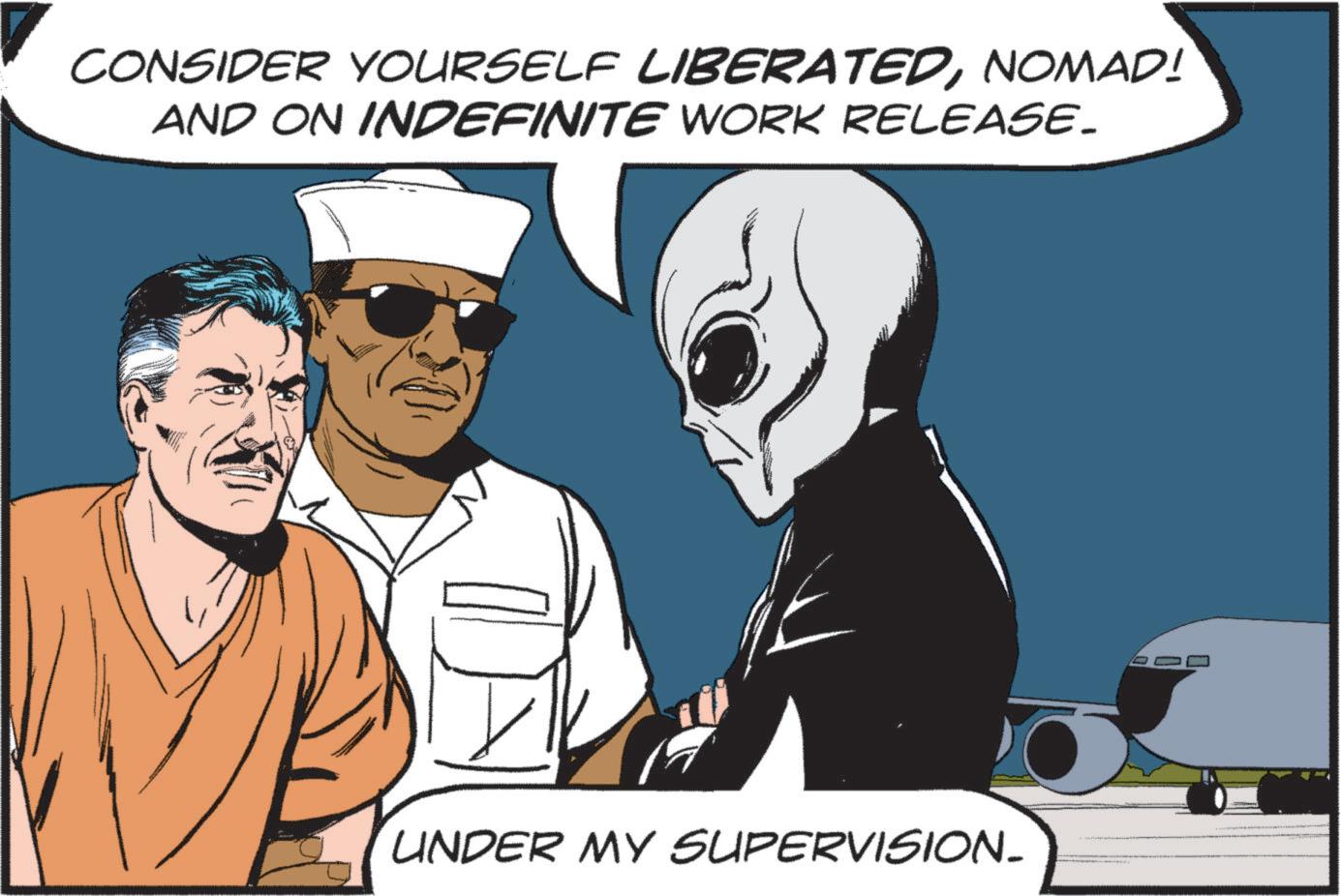 Animated cartoon OCR: CONSIDER YOURSELF LIBERATEDNOMAD! AND ON INDEFINITE WORK RELEASE. UNDER MY SUPERVISION_ CONSIDER YOURSELF LIBERATEDNOMAD ! AND ON INDEFINITE WORK RELEASE . UNDER MY SUPERVISION_