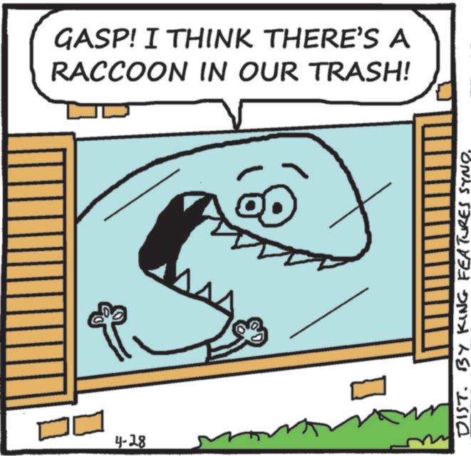 Photo caption OCR: 4-28 GASP! I THINK THERE'S A RACCOON IN OUR TRASH! DIST. BY KING FEATURES SYNO. 4-28 GASP ! I THINK THERE'S A RACCOON IN OUR TRASH ! DIST . BY KING FEATURES SYNO .