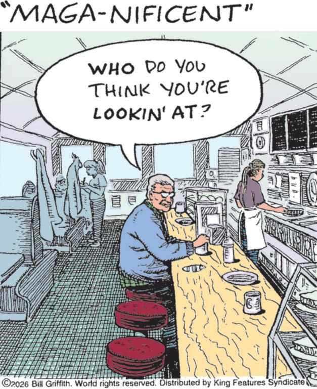 Comic book OCR: MAGA-NIFICENT" WHO DO YOU THINK YOU'RE LOOKIN' AT? 2026 Bill Griffith. World rights reserved. Distributed by King Features Syndicate wwwww MAGA - NIFICENT " WHO DO YOU THINK YOU'RE LOOKIN ' AT ? 2026 Bill Griffith . World rights reserved . Distributed by King Features Syndicate wwwww