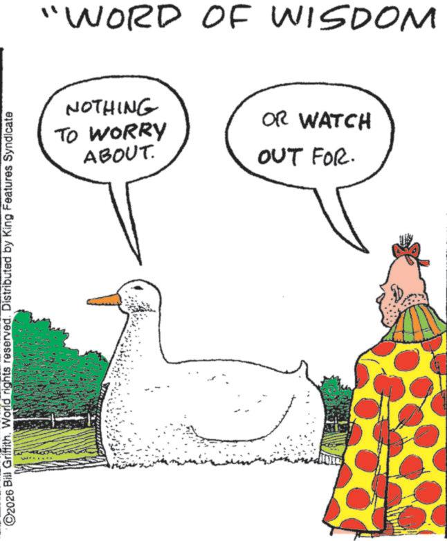 Bird OCR: C2026 Bill Griffith. World rights reserved. Distributed by King Features Syndicate "WORD OF WISDOM NOTHING TO WORRY ABOUT. OR WATCH OUT FOR. C2026 Bill Griffith . World rights reserved . Distributed by King Features Syndicate " WORD OF WISDOM NOTHING TO WORRY ABOUT . OR WATCH OUT FOR .