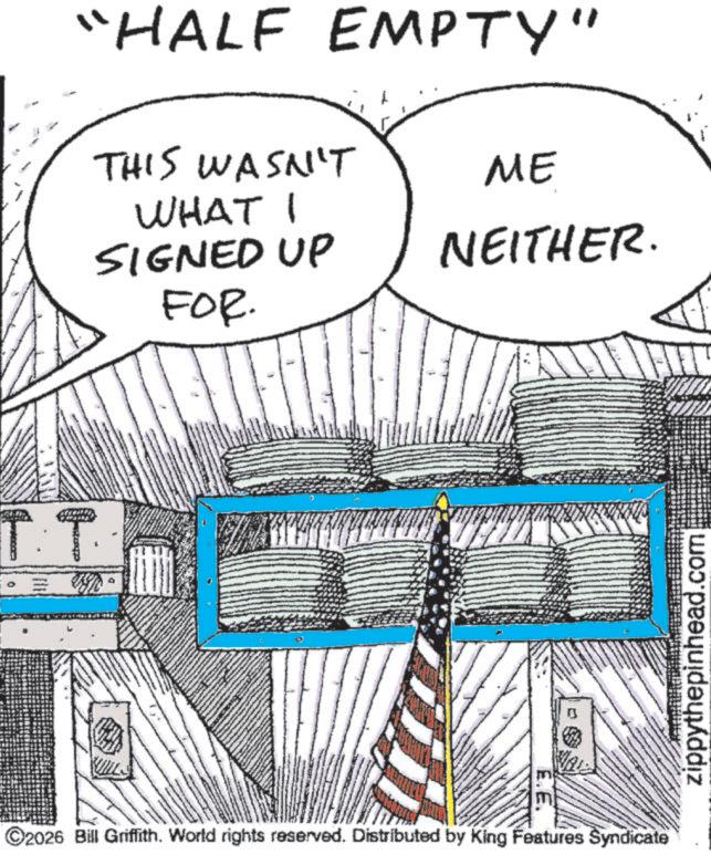 Handwriting OCR: "HALF EMPTY" TT. THIS WASN'T WHAT I ME SIGNED UP NEITHER. FOR. E.E. C2026 Bill Griffith. World rights reserved. Distributed by King Features Syndicate zippythepinhead.com " HALF EMPTY " TT . THIS WASN'T WHAT I ME SIGNED UP NEITHER . FOR . E.E. C2026 Bill Griffith . World rights reserved . Distributed by King Features Syndicate zippythepinhead.com