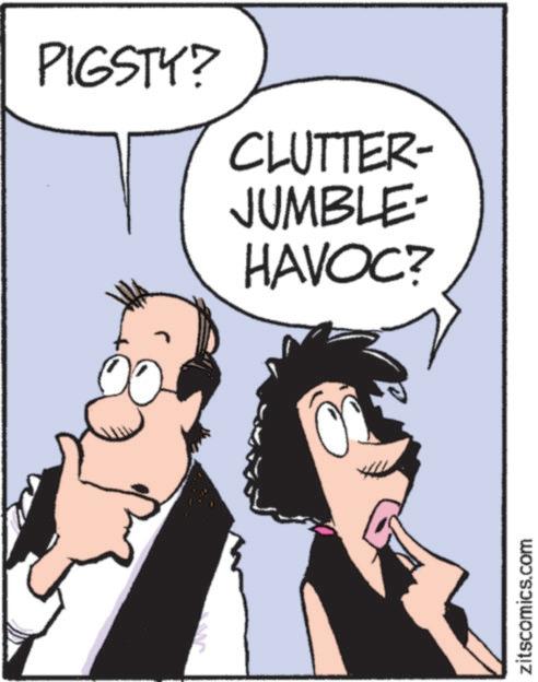 Photo caption OCR: PIGSTY? M CLUTTER- JUMBLE- HAVOC? zitscomics.com PIGSTY ? M CLUTTER- JUMBLE- HAVOC ? zitscomics.com