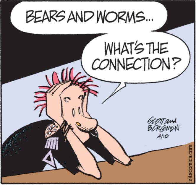 Fictional character OCR: BEARS AND WORMS... WHAT'S THE CONNECTION? SCOTT and BORGMAN 4/10 zitscomics.com BEARS AND WORMS ... WHAT'S THE CONNECTION ? SCOTT and BORGMAN 4/10 zitscomics.com