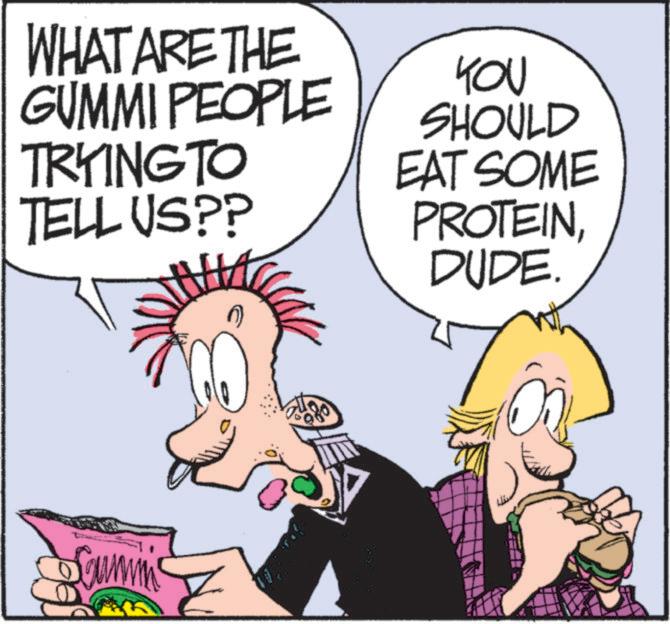 Fictional character OCR: WHAT ARE THE GUMMI PEOPLE TRYING TO TELL US?? YOU SHOULD EAT SOME PROTEINDUDE. Sammin n WHAT ARE THE GUMMI PEOPLE TRYING TO TELL US ?? YOU SHOULD EAT SOME PROTEINDUDE . Sammin n