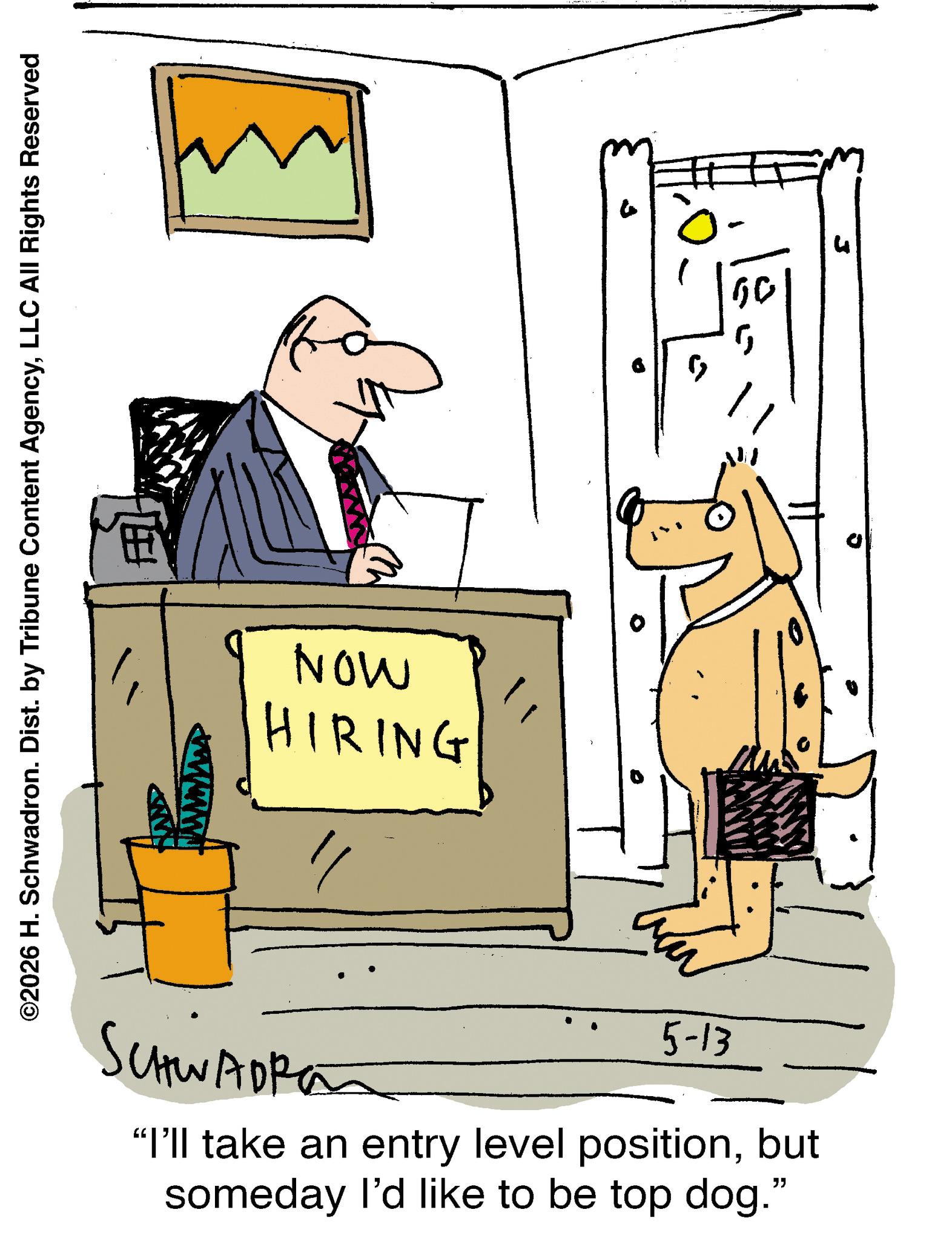 Fiction OCR: ©2026 H. Schwadron. Dist. by Tribune Content AgencyLLC All Rights Reserved NOW HIRING ? 5 n 09 SCHWADRE 5-13 "I'll take an entry level positionbut someday I'd like to be top dog." © 2026 H. Schwadron . Dist . by Tribune Content AgencyLLC All Rights Reserved NOW HIRING ? 5 n 09 SCHWADRE 5-13 " I'll take an entry level positionbut someday I'd like to be top dog . "