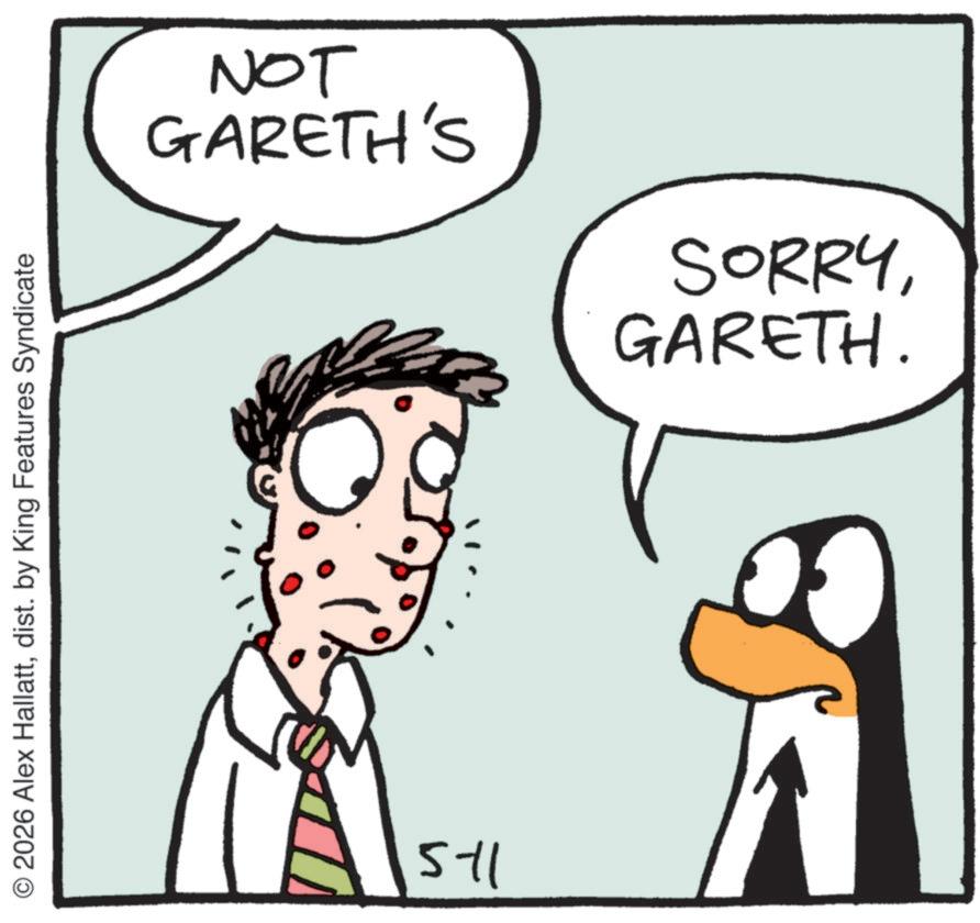 Fictional character OCR: O2026 Alex Hallattdist. by King Features Syndicate 5-11 NOT GARETH'S ??? GARETH. SORRYO2026 Alex Hallattdist . by King Features Syndicate 5-11 NOT GARETH'S ??? GARETH . SORRY
