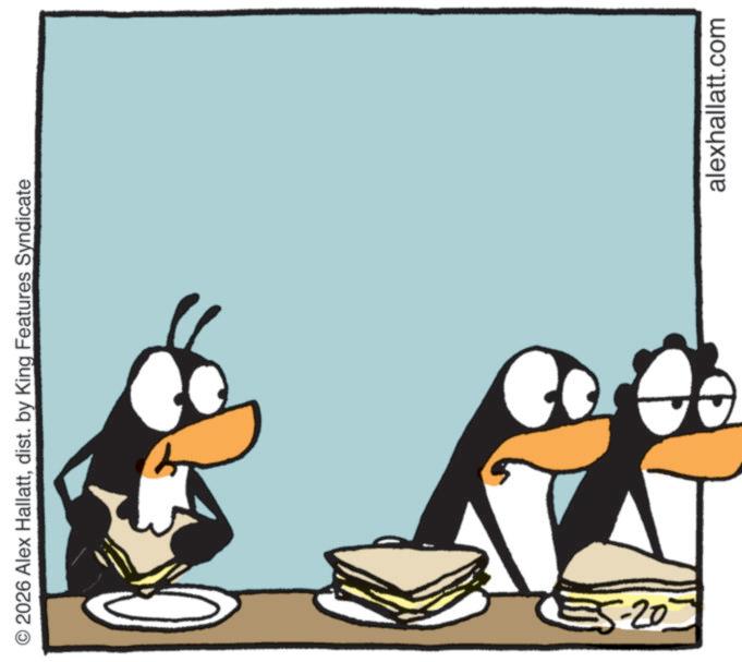 Clip art OCR: © 2026 Alex Hallattdist. by King Features Syndicate alexhallatt.com © 2026 Alex Hallattdist . by King Features Syndicate alexhallatt.com