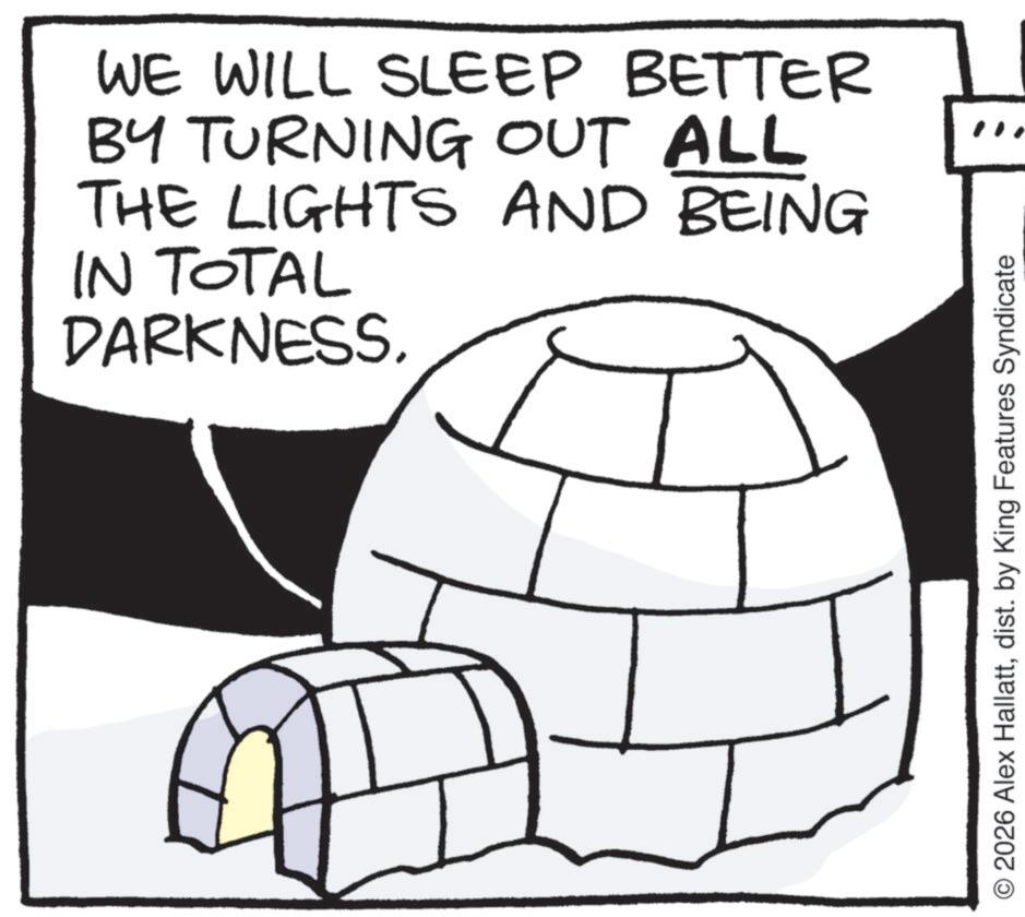 Animation OCR: WE WILL SLEEP BETTER BY TURNING OUT ALL THE LIGHTS AND BEING IN TOTAL DARKNESS. O2026 Alex Hallattdist. by King Features Syndicate WE WILL SLEEP BETTER BY TURNING OUT ALL THE LIGHTS AND BEING IN TOTAL DARKNESS . O2026 Alex Hallattdist . by King Features Syndicate