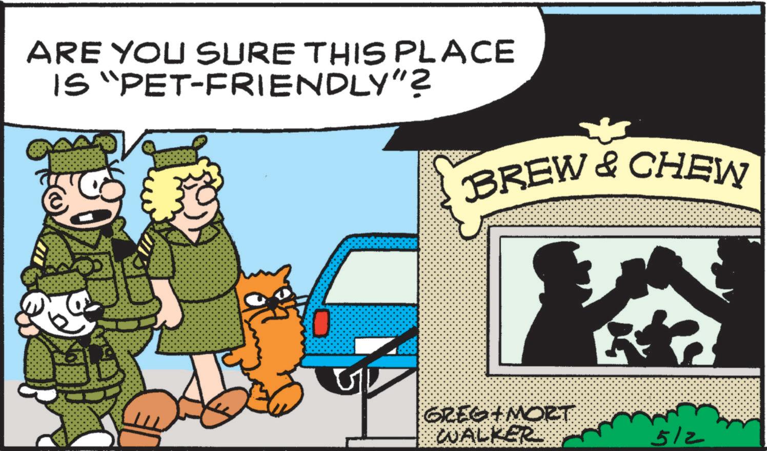 Photo caption OCR: ARE YOU SURE THIS PLACE IS “PET-FRIENDLY"? BREW & CHEW GREG MORT WALKER 512 ARE YOU SURE THIS PLACE IS “ PET - FRIENDLY " ? BREW & CHEW GREG MORT WALKER 512