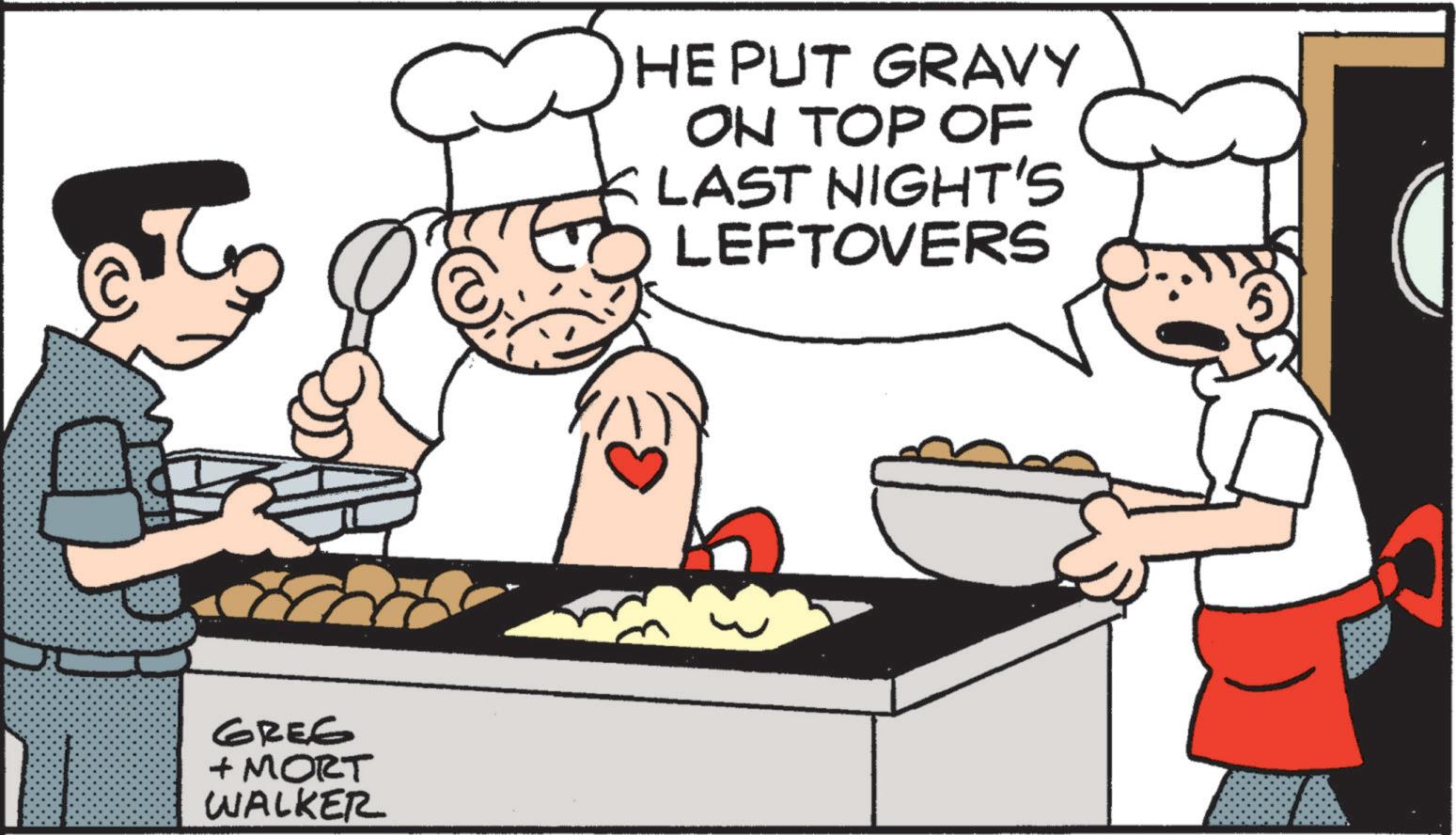 Dinner OCR: Greg + MORT WALKER HE PUT GRAVY ON TOP OF LAST NIGHT'S LEFTOVERS Greg + MORT WALKER HE PUT GRAVY ON TOP OF LAST NIGHT'S LEFTOVERS