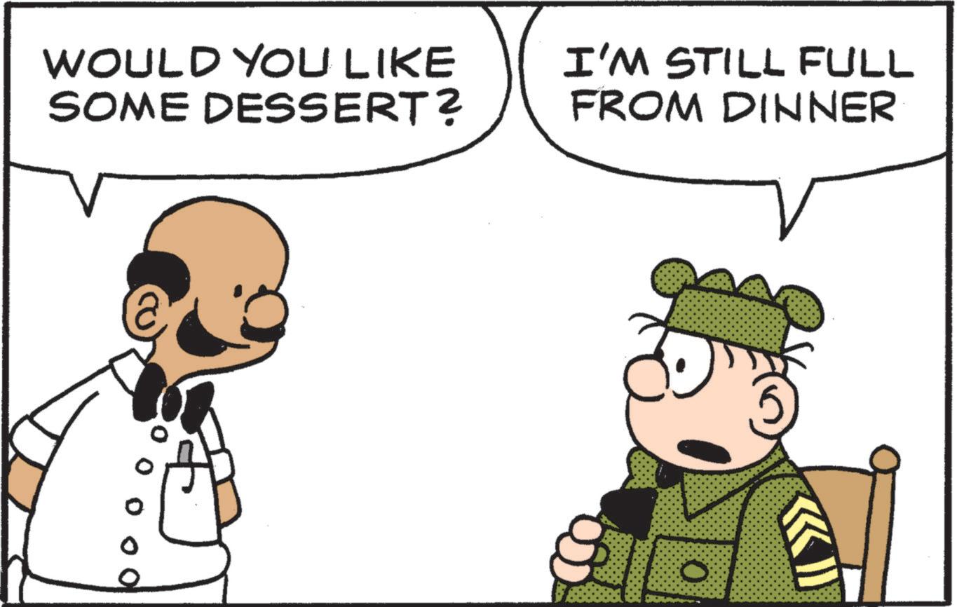 Animated cartoon OCR: 00 WOULD YOU LIKE SOME DESSERT? I'M STILL FULL FROM DINNER 00 WOULD YOU LIKE SOME DESSERT ? I'M STILL FULL FROM DINNER