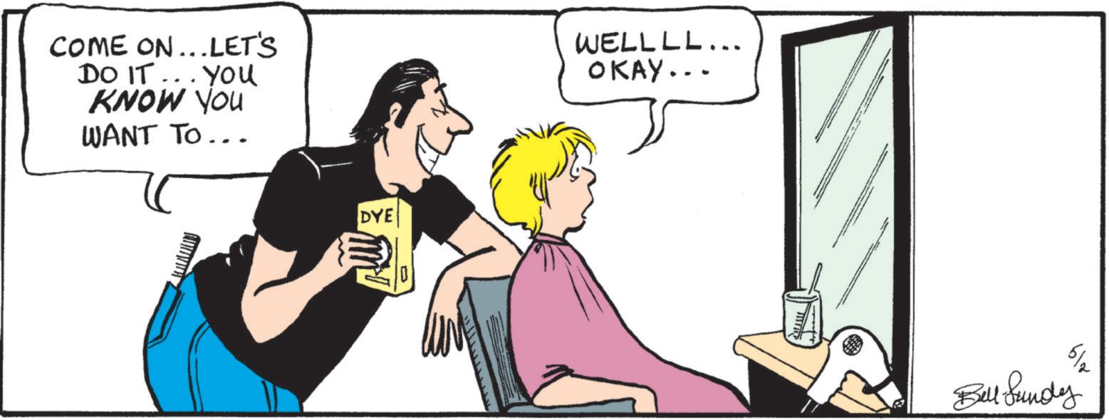 Graphics OCR: . COME ON... LET'S DO IT You KNOW YOU WANT TO... DYE WELLLL... OKAY.. Bell Sundy . COME ON ... LET'S DO IT You KNOW YOU WANT TO ... DYE WELLLL ... OKAY .. Bell Sundy