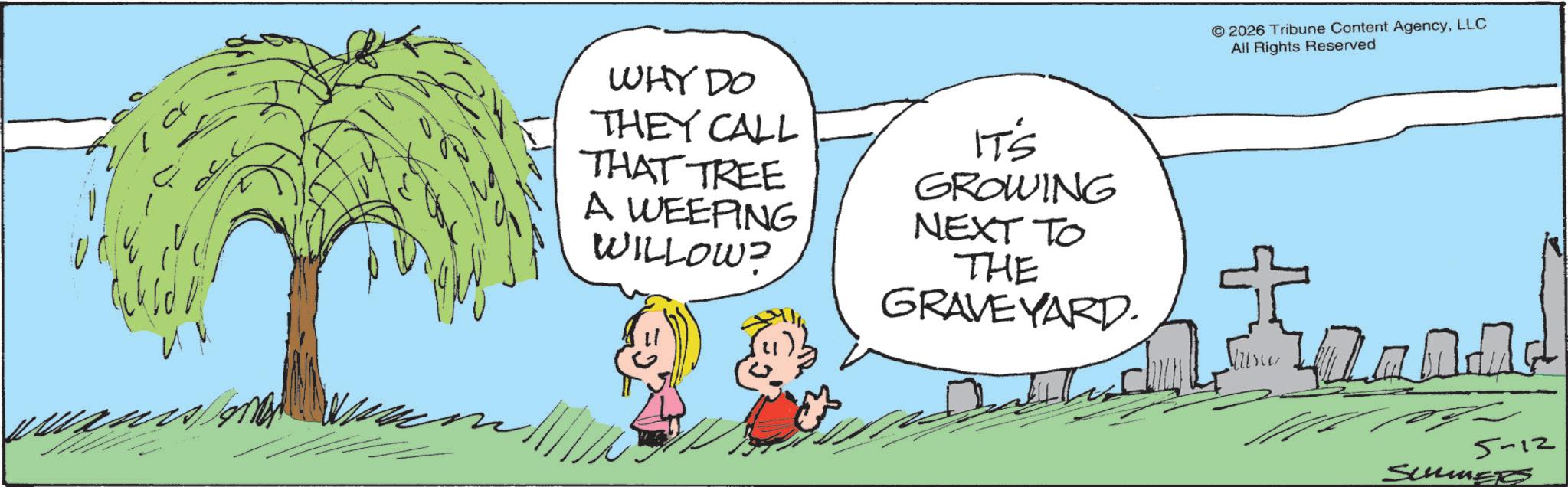 Fiction OCR: WHY DO THEY CALL THAT TREE A WEEPING WILLOW? IT'S GROWING NEXT TO THE GRAVEYARD. © 2026 Tribune Content AgencyLLC All Rights Reserved 5-12 SUMMER WHY DO THEY CALL THAT TREE A WEEPING WILLOW ? IT'S GROWING NEXT TO THE GRAVEYARD . © 2026 Tribune Content AgencyLLC All Rights Reserved 5-12 SUMMER