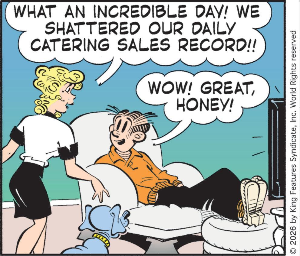 Animated cartoon OCR: WHAT AN INCREDIBLE DAY! WE SHATTERED OUR DAILY CATERING SALES RECORD!! S WOW! GREATHONEY! 2026 by King Features SyndicateInc. World Rights reserved WHAT AN INCREDIBLE DAY ! WE SHATTERED OUR DAILY CATERING SALES RECORD !! S WOW ! GREATHONEY ! 2026 by King Features SyndicateInc. World Rights reserved