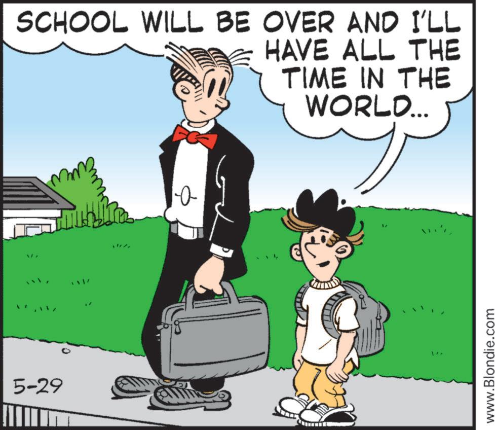Animated cartoon OCR: 5-29 SCHOOL WILL BE OVER AND I'LL HAVE ALL THE TIME IN THE WORLD... 10 www.Blondie.com 5-29 SCHOOL WILL BE OVER AND I'LL HAVE ALL THE TIME IN THE WORLD ... 10 www.Blondie.com