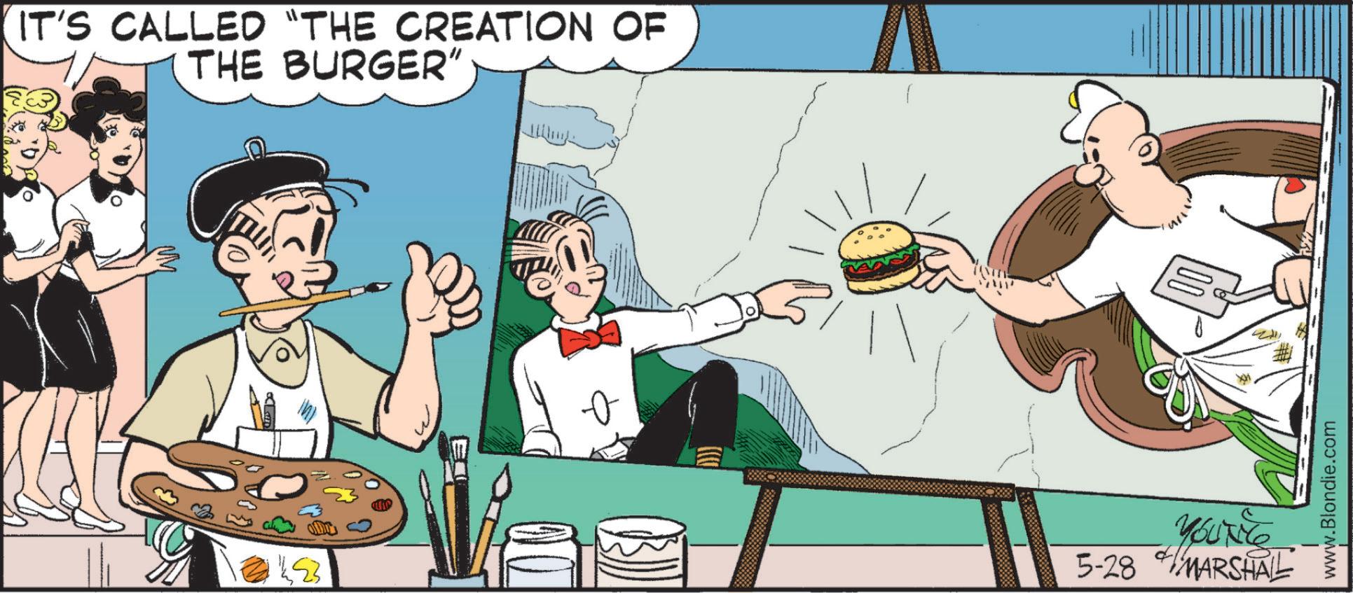 Breakfast OCR: IT'S CALLED "THE CREATION OF THE BURGER" YOUT 5-28 MARSHAL www.Blondie.com IT'S CALLED " THE CREATION OF THE BURGER " YOUT 5-28 MARSHAL www.Blondie.com