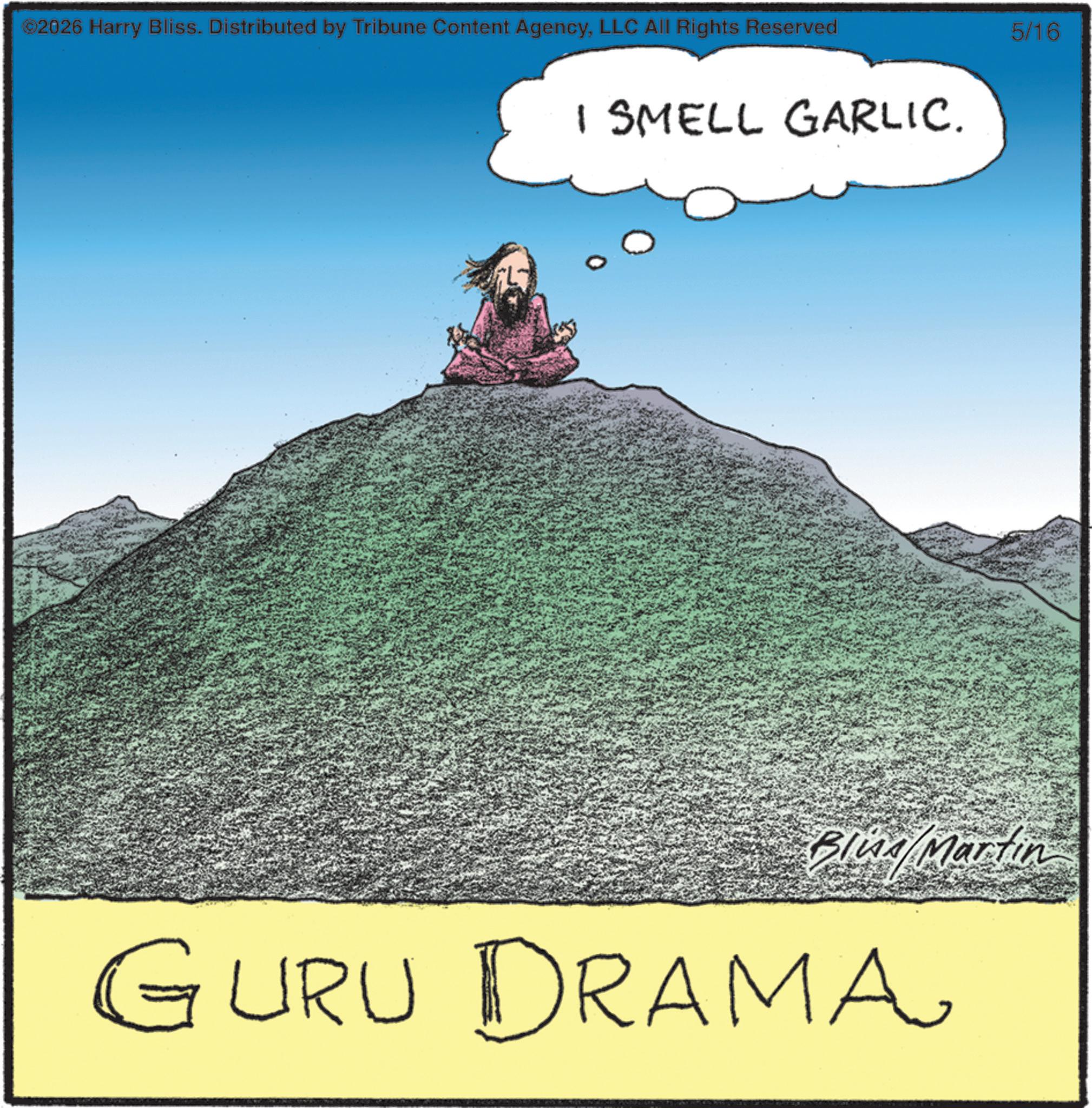 Fiction OCR: ©2026 Harry Bliss. Distributed by Tribune Content AgencyLLC All Rights Reserved I SMELL GARLIC. 5/16 Blu Martin GURU DRAMA © 2026 Harry Bliss . Distributed by Tribune Content AgencyLLC All Rights Reserved I SMELL GARLIC . 5/16 Blu Martin GURU DRAMA