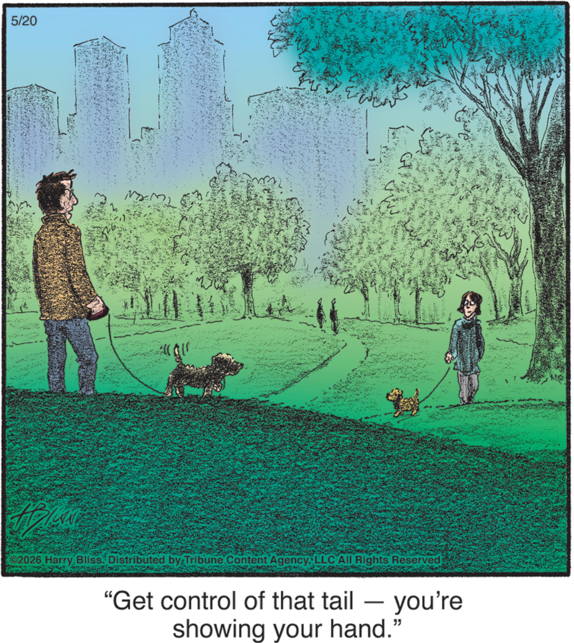Walking OCR: 5/20 ©2026 Harry Bliss. Distributed by Tribune Content AgencyLLC All Rights Reserved "Get control of that tail - you're showing your hand." 5/20 © 2026 Harry Bliss . Distributed by Tribune Content AgencyLLC All Rights Reserved " Get control of that tail - you're showing your hand . "