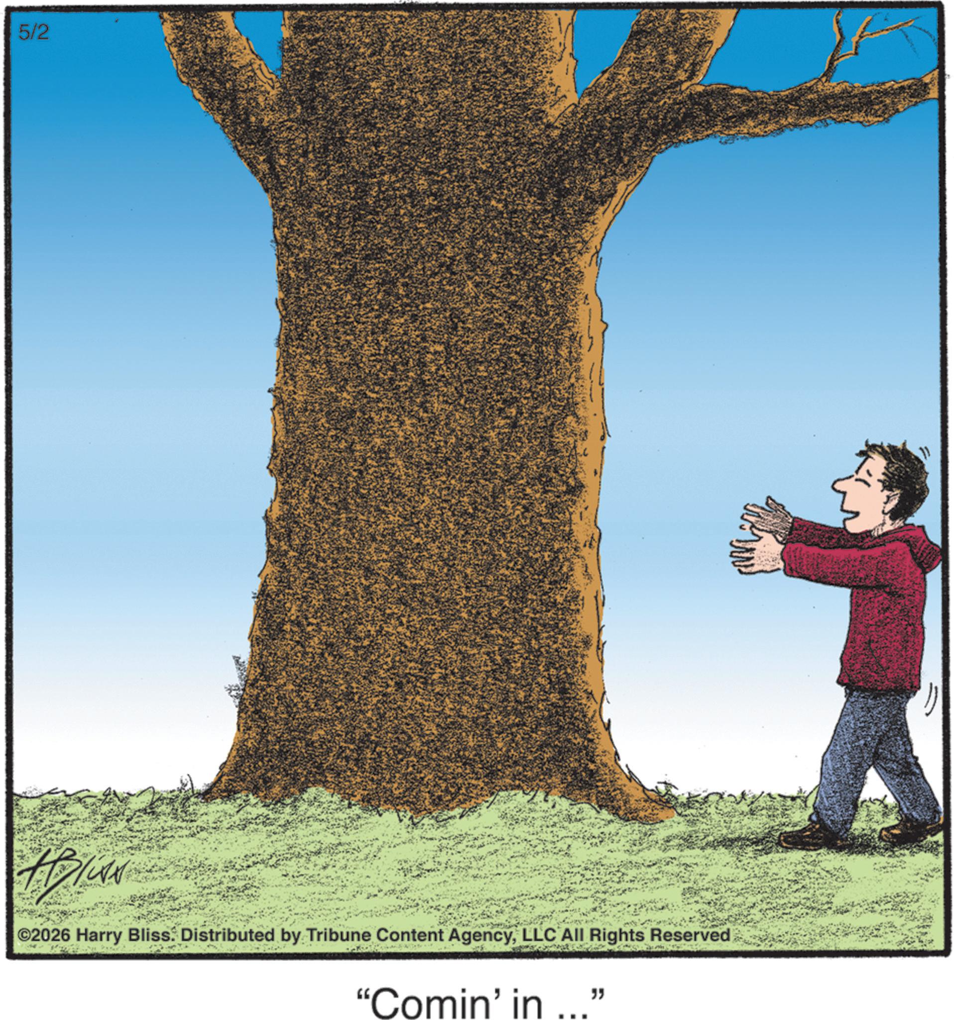 Animated cartoon OCR: 5/2 ©2026 Harry Bliss. Distributed by Tribune Content AgencyLLC All Rights Reserved "Comin' in ..." 5/2 © 2026 Harry Bliss . Distributed by Tribune Content AgencyLLC All Rights Reserved " Comin ' in ... "