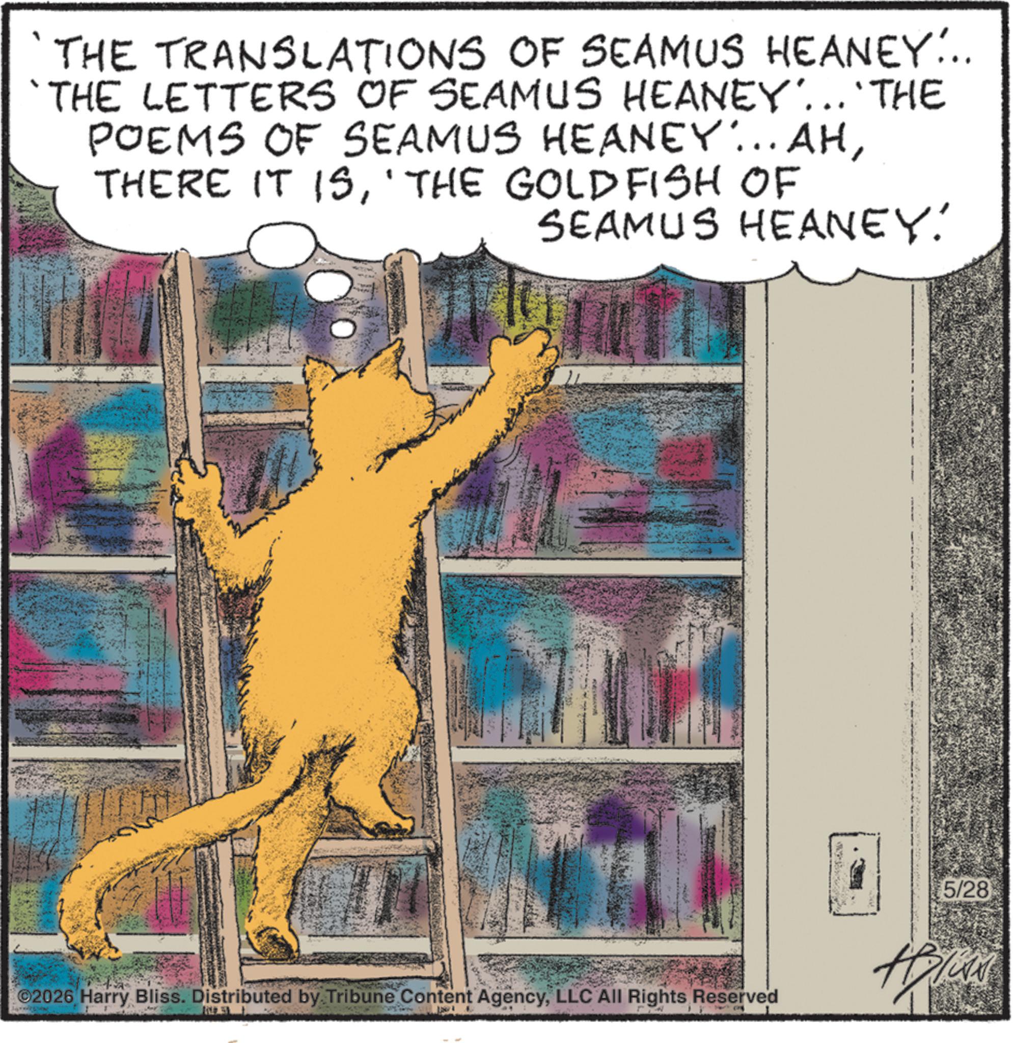 Cat OCR: THE TRANSLATIONS OF SEAMUS HEANEY... 'THE LETTERS OF SEAMUS HEANEY... THE POEMS OF SEAMUS HEANEY... AH'THE GOLDFISH OF SEAMUS HEANEY. 2026 Harry Bliss. Distributed by Tribune Content AgencyLLC All Rights Reserved 5/28 THE TRANSLATIONS OF SEAMUS HEANEY ... ' THE LETTERS OF SEAMUS HEANEY ... THE POEMS OF SEAMUS HEANEY ... AHTHERE IT IS' THE GOLDFISH OF SEAMUS HEANEY . 2026 Harry Bliss . Distributed by Tribune Content AgencyLLC All Rights Reserved 5/28