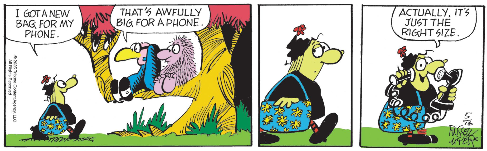 Comic book OCR: I GOT A NEW BAG FOR MY PHONE. THAT'S AWFULLY BIG FOR A PHONE. ACTUALLYIT'S JUST THE RIGHT SIZE. All Rights Reserved 2026 Tribune Content AgencyLLC RUSSELL MYER I GOT A NEW BAG FOR MY PHONE . THAT'S AWFULLY BIG FOR A PHONE . ACTUALLYIT'S JUST THE RIGHT SIZE . All Rights Reserved 2026 Tribune Content AgencyLLC RUSSELL MYER