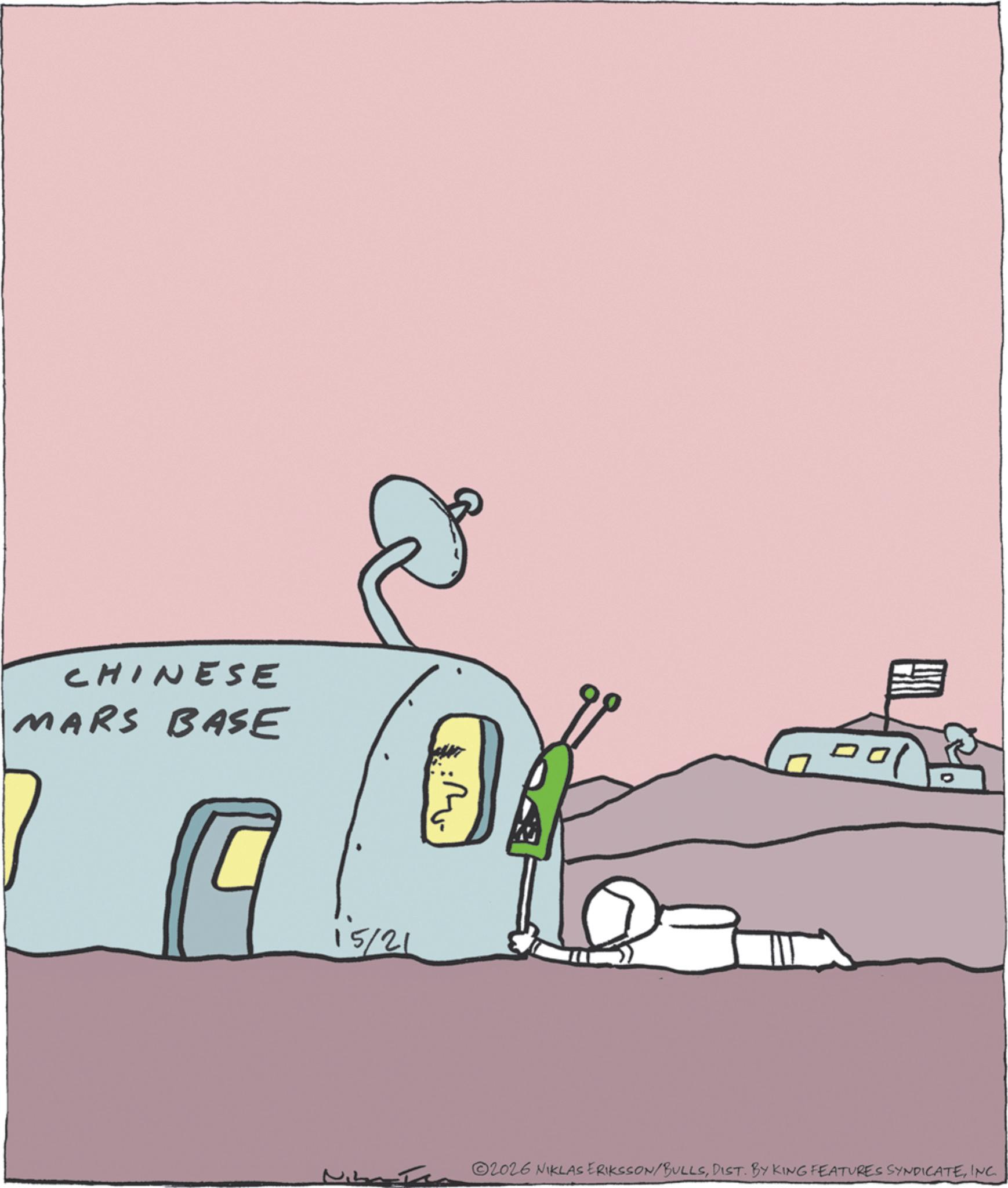 Fictional character OCR: CHINESE MARS BASE :????? ? 15/21 ? 2026 NIKLAS ERIKSSON/BULLSINC. CHINESE MARS BASE : ??? ?? ? 15/21 ? 2026 NIKLAS ERIKSSON / BULLSDIST . BY KING FEATURES SYNDICATEINC .