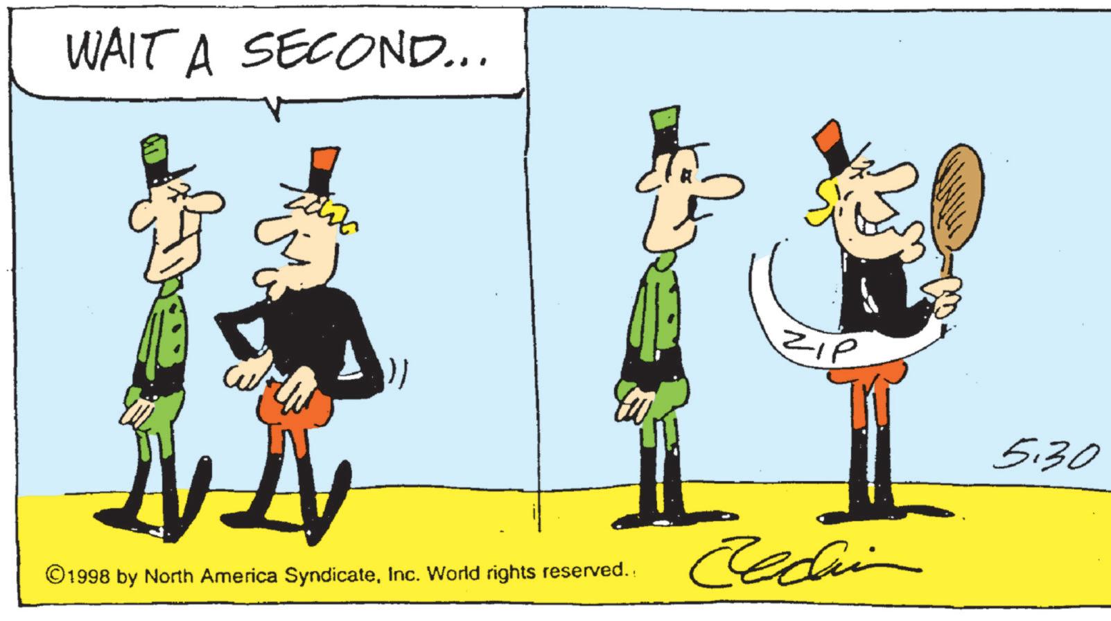 Animated cartoon OCR: WAIT A SECOND... zam ZIP 5.30 Redinn ©1998 by North America SyndicateInc. World rights reserved. WAIT A SECOND ... zam ZIP 5.30 Redinn © 1998 by North America SyndicateInc. World rights reserved .