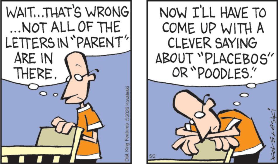 Cartoon OCR: WAIT...THAT'S WRONG ...NOT ALL OF THE LETTERS IN "PARENT" ARE IN THERE. NOW I'LL HAVE TO COME UP WITH A CLEVER SAYING ABOUT "PLACEBOS" OR "POODLES." Dist. King Features 2026 Kovaleski 5/2 TASTE10x WAIT ... THAT'S WRONG ... NOT ALL OF THE LETTERS IN " PARENT " ARE IN THERE . NOW I'LL HAVE TO COME UP WITH A CLEVER SAYING ABOUT " PLACEBOS " OR " POODLES . " Dist . King Features 2026 Kovaleski 5/2 TASTE10x