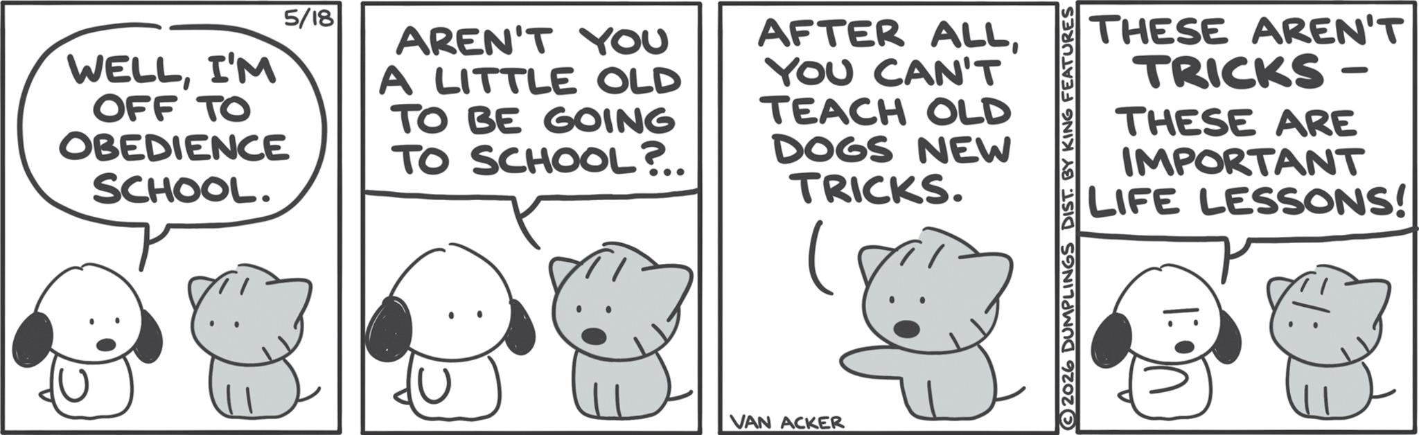 Comics OCR: WELLI'M OFF TO OBEDIENCE SCHOOL. 5/18 AREN'T YOU A LITTLE OLD TO BE GOING TO SCHOOL?.. AFTER ALLYOU CAN'T TEACH OLD DOGS NEW TRICKS. VAN ACKER THESE AREN'T TRICKS- THESE ARE IMPORTANT LIFE LESSONS! 2026 DUMPLINGS DIST. BY KING FEATURES WELLI'M OFF TO OBEDIENCE SCHOOL . 5/18 AREN'T YOU A LITTLE OLD TO BE GOING TO SCHOOL ? .. AFTER ALLYOU CAN'T TEACH OLD DOGS NEW TRICKS . VAN ACKER THESE AREN'T TRICKS- THESE ARE IMPORTANT LIFE LESSONS ! 2026 DUMPLINGS DIST . BY KING FEATURES