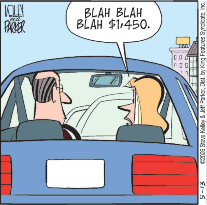 Fiction OCR: 5-13 L KILEN and PARKER BLAH $1450. BLAH BLAH ©2026 Steve Kelley & Jeff ParkerInc. 5-13 L KILEN and PARKER BLAH $ 1450 . BLAH BLAH © 2026 Steve Kelley & Jeff ParkerDist . by King Features Syndicate