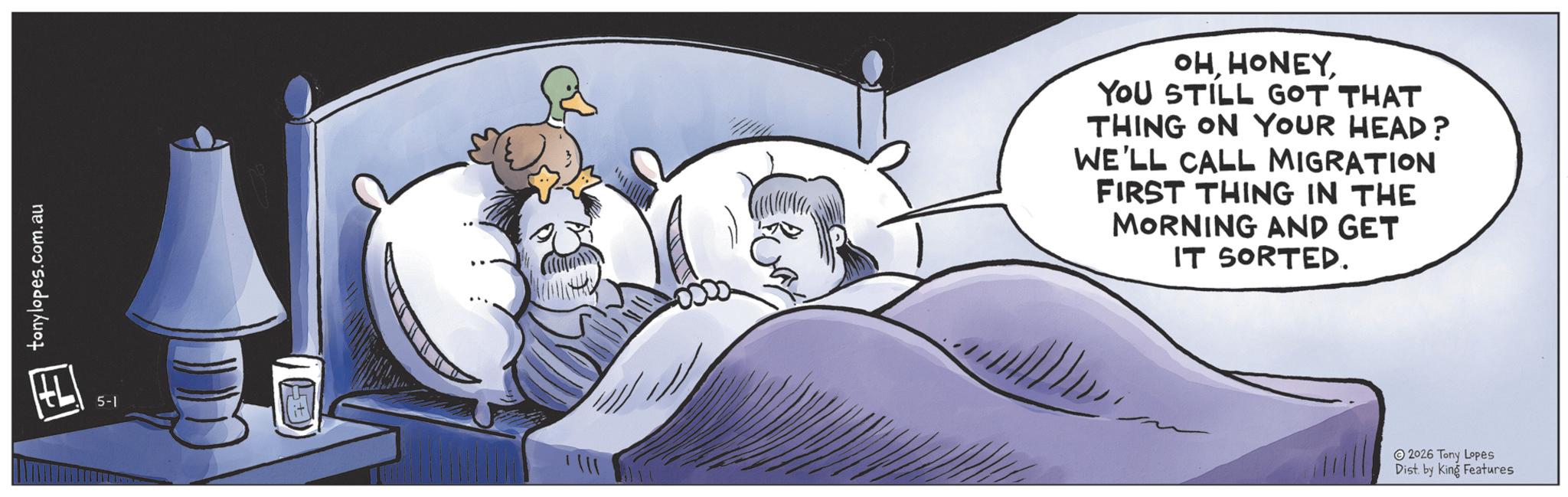 Comic book OCR: ? tonylopes.com.au 5-1 OHYOU STILL GOT THAT THING ON YOUR HEAD? WE'LL CALL MIGRATION FIRST THING IN THE MORNING AND GET IT SORTED. 2026 Tony Lopes Dist. by King Features ? tonylopes.com.au 5-1 OHYOU STILL GOT THAT THING ON YOUR HEAD ? WE'LL CALL MIGRATION FIRST THING IN THE MORNING AND GET IT SORTED . 2026 Tony Lopes Dist . by King Features