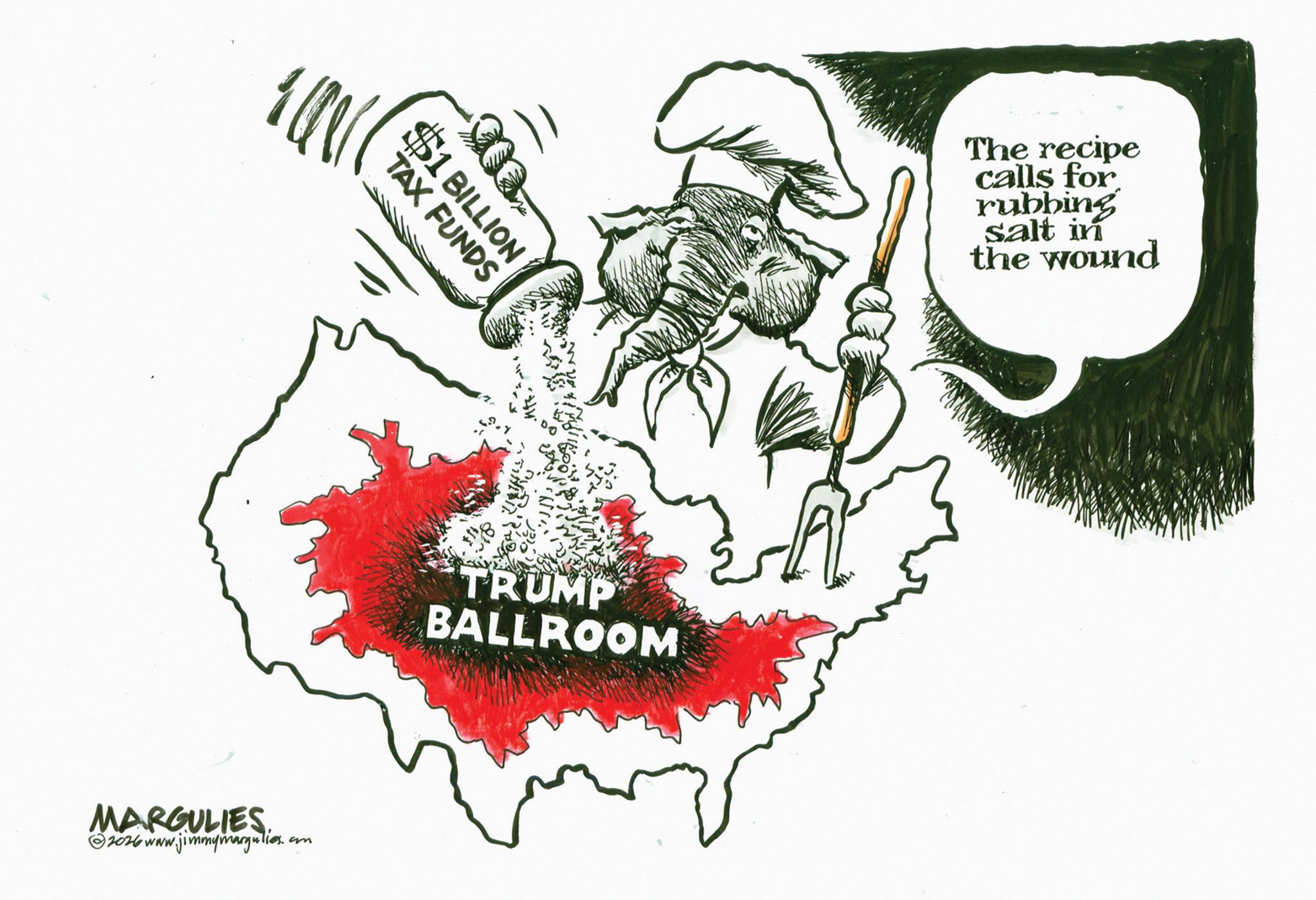 Fictional character OCR: TAX FUNDS $1 BILLION MARGULIES 2026 www.jimmymargulies.. am TRUMP BALLROOM The recipe calls for rubbing salt in the wound TAX FUNDS $ 1 BILLION MARGULIES 2026 www.jimmymargulies .. am TRUMP BALLROOM The recipe calls for rubbing salt in the wound