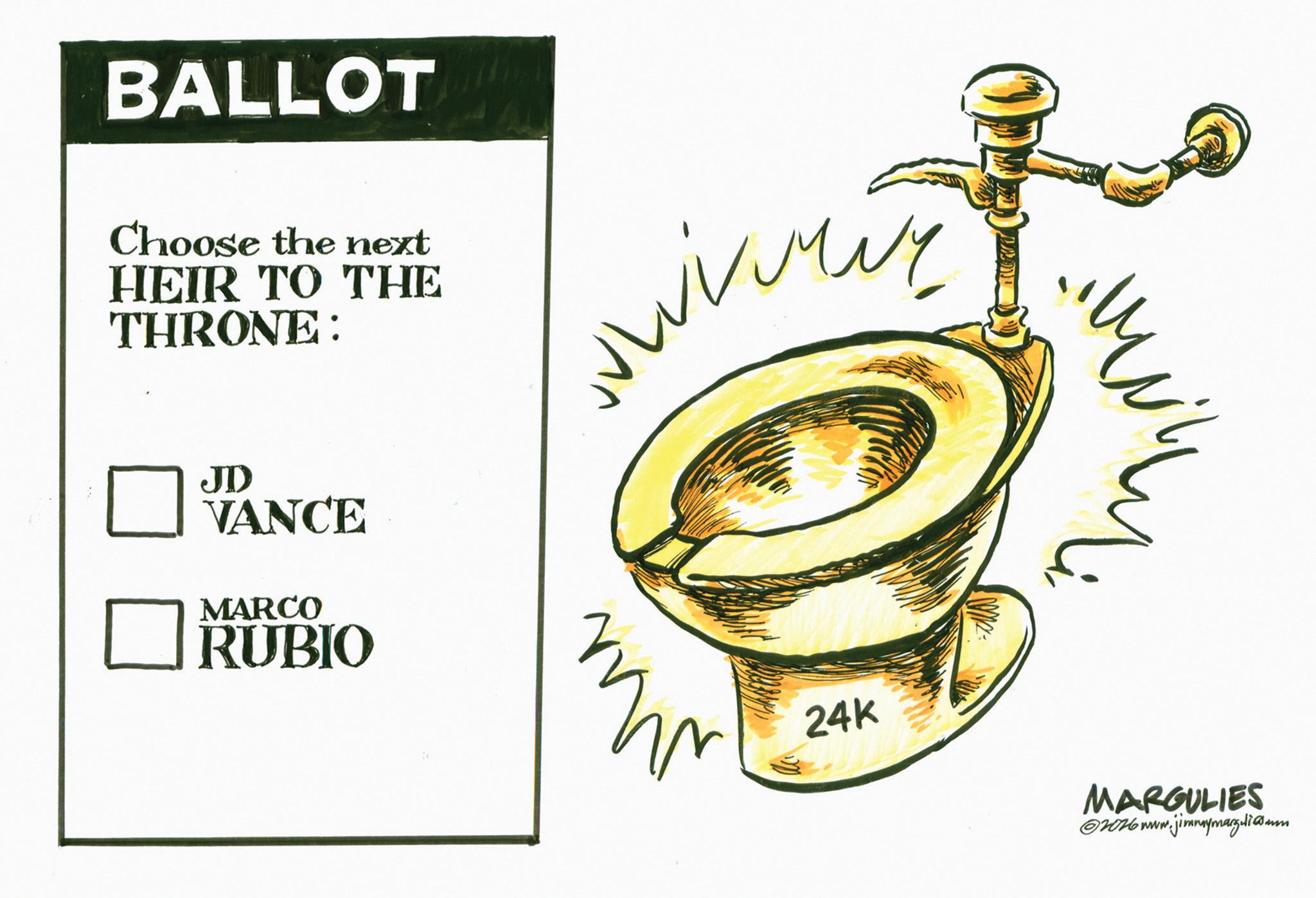 Illustration OCR: BALLOT Choose the next HEIR TO THE THRONE: ??? JD VANCE MARCO RUBIO mm 24K MARGULIES 02026 www.jimmymarg.li@com BALLOT Choose the next HEIR TO THE THRONE : ??? JD VANCE MARCO RUBIO mm 24K MARGULIES 02026 www.jimmymarg.li@com