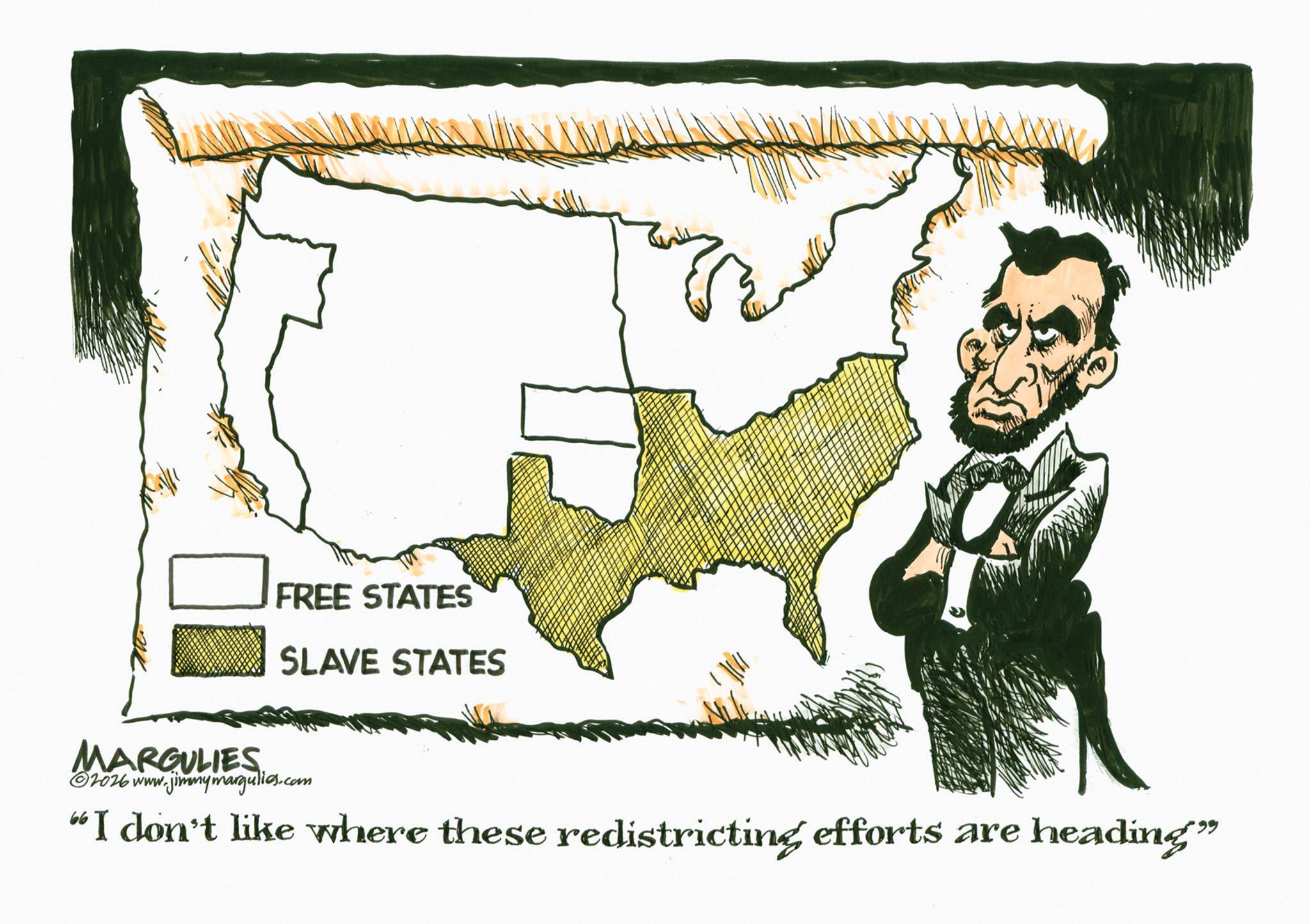 Map OCR: FREE STATES SLAVE STATES MARGULIES 2026 www.jimmymargulies.com "I don't like where these redistricting efforts are heading” FREE STATES SLAVE STATES MARGULIES 2026 www.jimmymargulies.com " I don't like where these redistricting efforts are heading ”