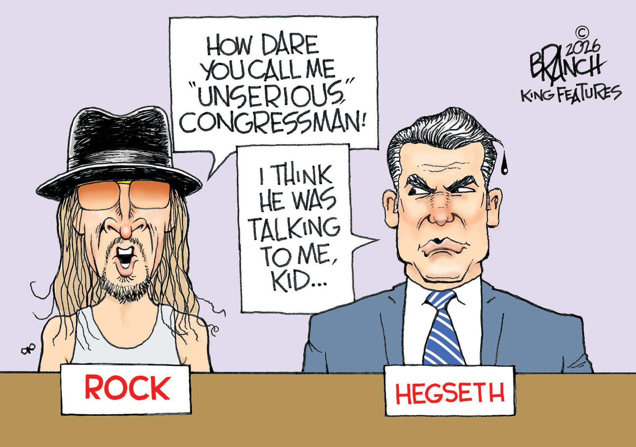 Photo caption OCR: ? ROCK HOW DARE YOU CALL ME "UNSERIOUS" CONGRESSMAN! I THINK HE WAS TALKING TO ME. KID... BRANCH KING FEATURES HEGSETH ? ROCK HOW DARE YOU CALL ME " UNSERIOUS " CONGRESSMAN ! I THINK HE WAS TALKING TO ME . KID ... BRANCH KING FEATURES HEGSETH