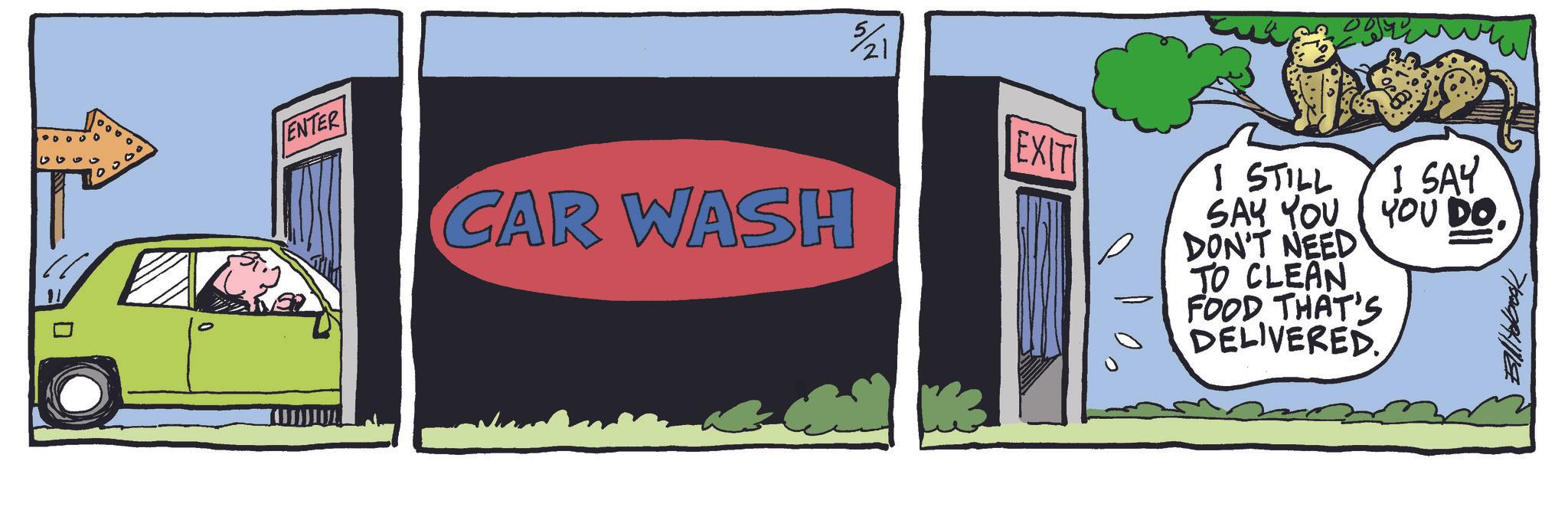 Graphics OCR: ? ENTER 5/21 CAR WASH EXIT I STILL SAY YOU DON'T NEED TO CLEAN FOOD THAT'S DELIVERED. I SAY YOU DO. ? ENTER 5/21 CAR WASH EXIT I STILL SAY YOU DON'T NEED TO CLEAN FOOD THAT'S DELIVERED . I SAY YOU DO .