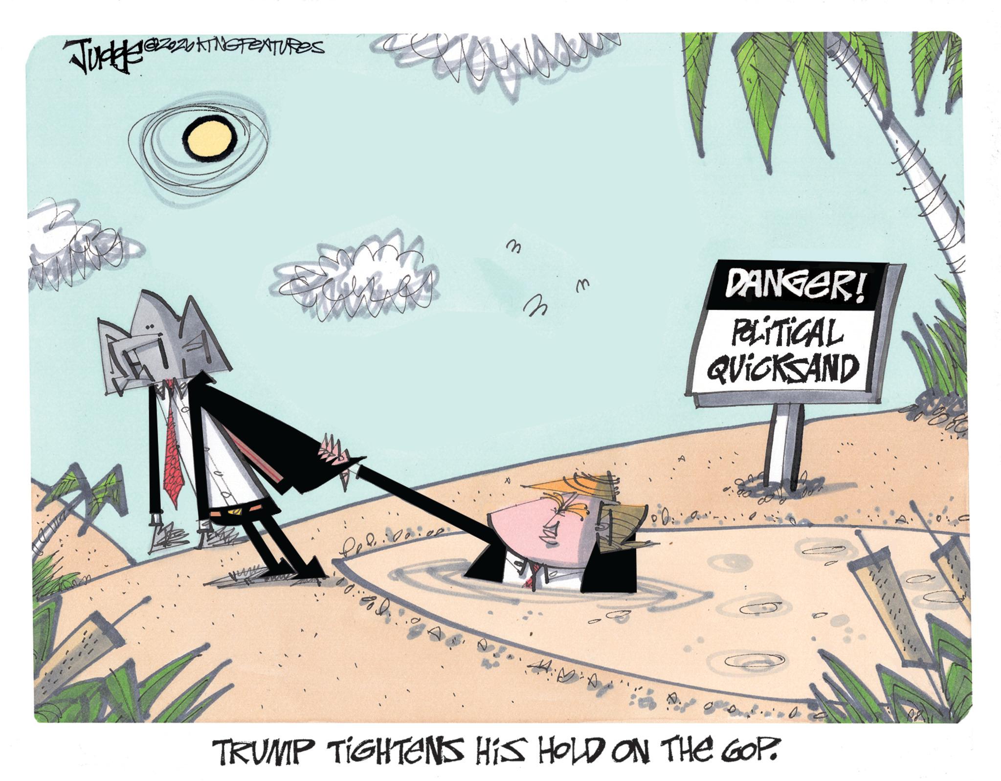 OCR: Judge 1022026 KINGTEXTURES 200k ? ??? 3 TRUMP TIGHTENS HIS HOLD ON THE GOP. DANGER! POLITICAL QUICKSAND Judge 1022026 KINGTEXTURES 200k ? ??? 3 TRUMP TIGHTENS HIS HOLD ON THE GOP . DANGER ! POLITICAL QUICKSAND