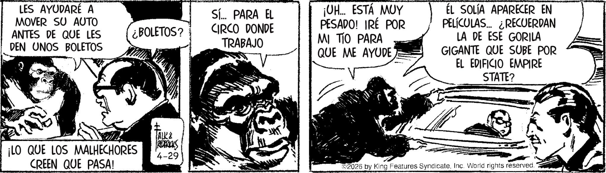 Comic book OCR: LES AYUDARÉ A MOVER SU AUTO ANTES DE QUE LES ¿BOLETOS? DEN UNOS BOLETOS TALK & ¡LO QUE LOS MALHECHORES 4-29 CREEN QUE PASA! Sí... PARA EL CIRCO DONDE TRABAJO ¡UH... ESTÁ MUY PESADO! IRÉ POR MI TIO PARA QUE ME AYUDE ÉL SOLÍA APARECER EN PELÍCULAS... ¿RECUERDAN LA DE ESE GORILA GIGANTE QUE SUBE POR EL EDIFICIO EMPIRE STATE? ©2026 by King Features SyndicateInc. World rights reserved. LES AYUDARÉ A MOVER SU AUTO ANTES DE QUE LES ¿ BOLETOS ? DEN UNOS BOLETOS TALK & ¡ LO QUE LOS MALHECHORES 4-29 CREEN QUE PASA ! Sí ... PARA EL CIRCO DONDE TRABAJO ¡ UH ... ESTÁ MUY PESADO ! IRÉ POR MI TIO PARA QUE ME AYUDE ÉL SOLÍA APARECER EN PELÍCULAS ... ¿ RECUERDAN LA DE ESE GORILA GIGANTE QUE SUBE POR EL EDIFICIO EMPIRE STATE ? © 2026 by King Features SyndicateInc. World rights reserved .