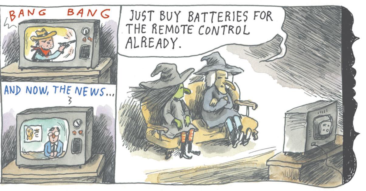 Costume Hat OCR: BANG BANG JUST BUY BATTERIES FOR THE REMOTE CONTROL ALREADY. AND NOWTHE NEWS... 3 ? BANG BANG JUST BUY BATTERIES FOR THE REMOTE CONTROL ALREADY . AND NOWTHE NEWS ... 3 ?